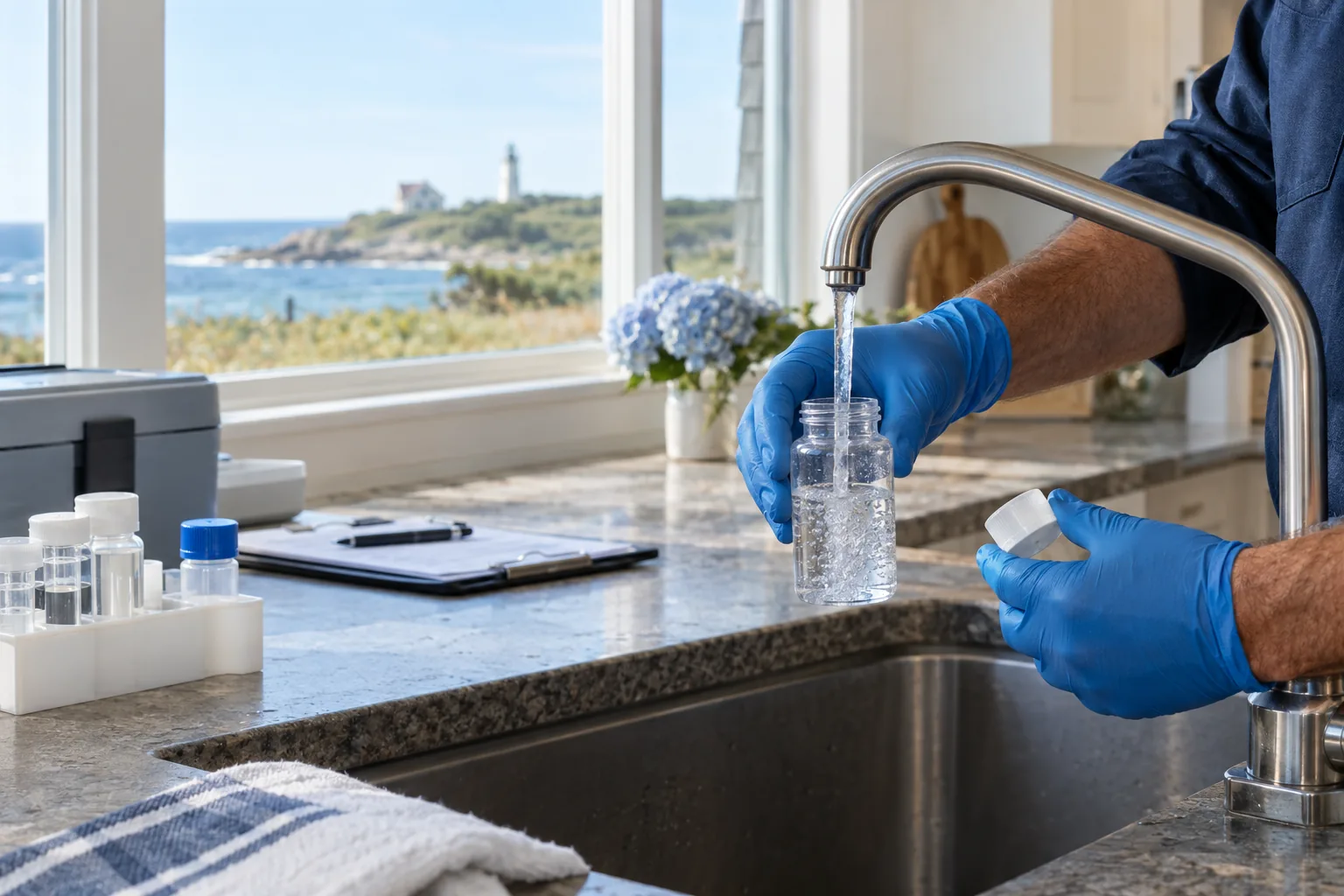 Professional collecting a private-well water sample at a kitchen faucet